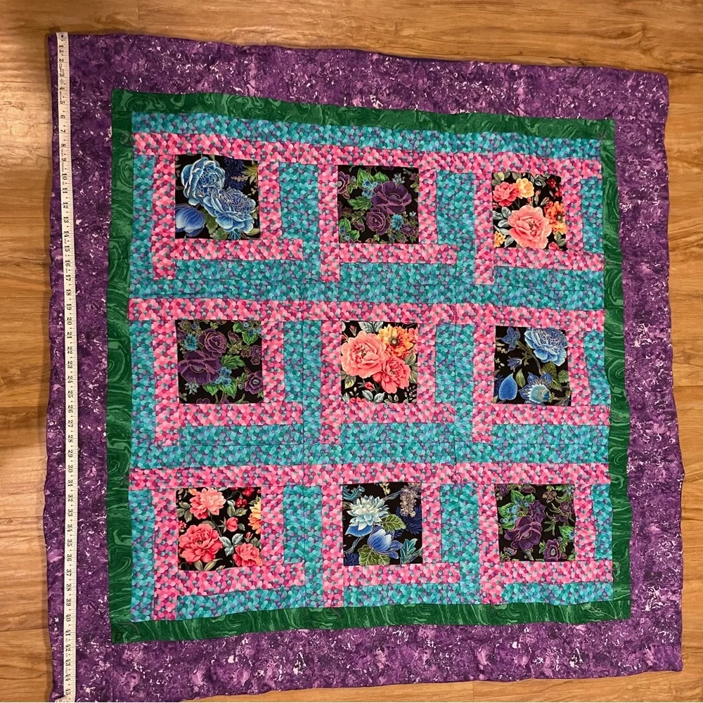 Handmade Purple, Pink, Blue Quilt, Floral Design, Cabin Block Pattern, 45”x45”